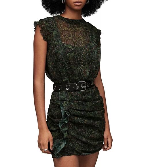 Allsaints Hali Tamora Snake Print Mini Dress Khaki Green Sz 6 NWT Ruffles Lined - Picture 1 of 16